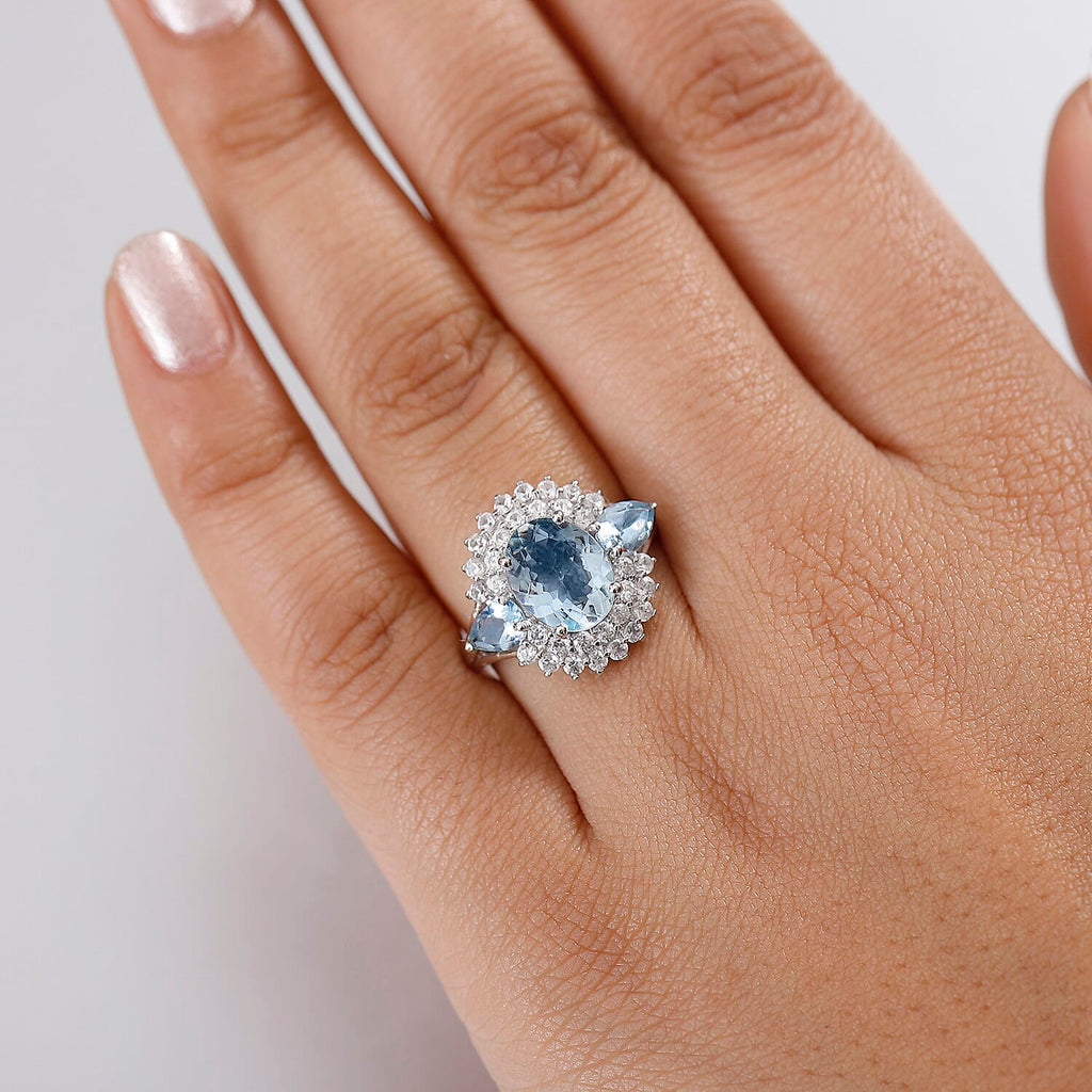 Aquamarine & White Zircon Cluster Ring in Rhodium Overlay Sterling Silver 3.99 Ct.