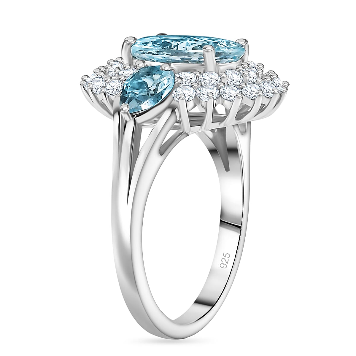 Aquamarine &amp; White Zircon Cluster Ring in Rhodium Overlay Sterling Silver 3.99 Ct.. 8054454 4