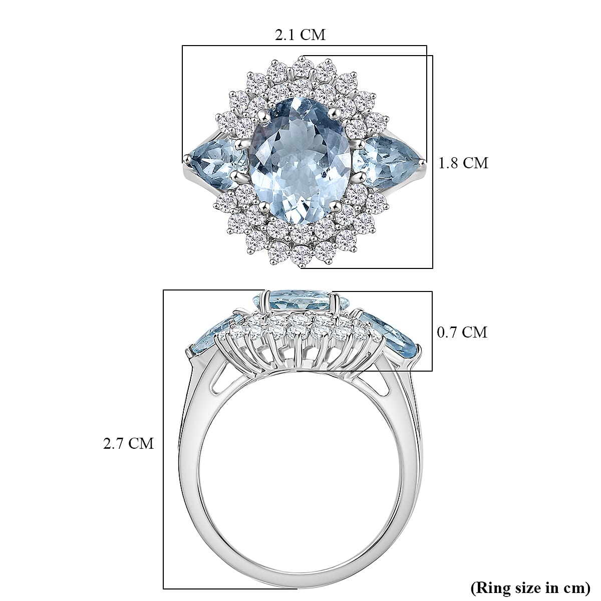 Aquamarine &amp; White Zircon Cluster Ring in Rhodium Overlay Sterling Silver 3.99 Ct.. 8054454 6