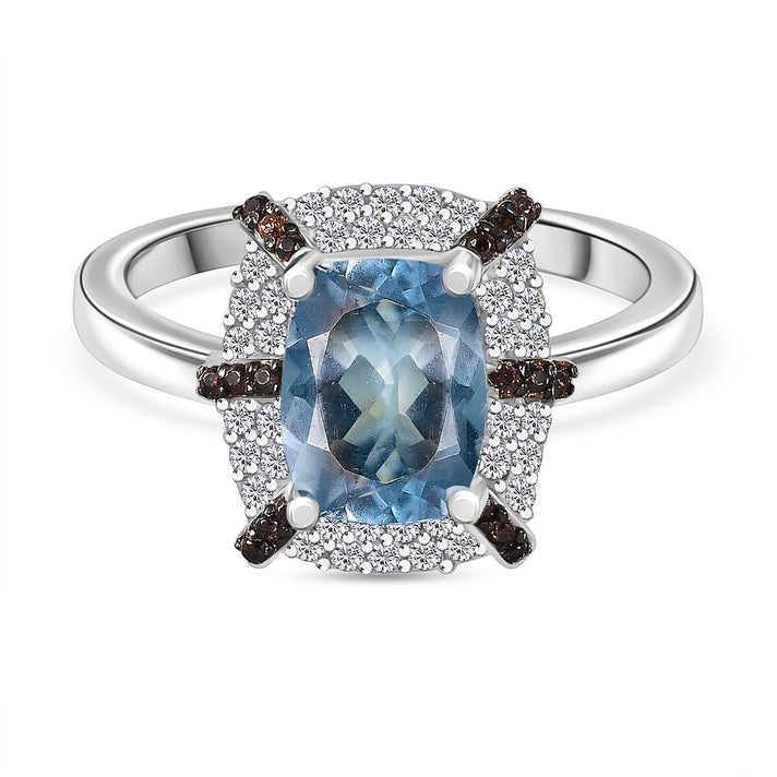 Aquamarine, White Zircon &amp; Coffee Zircon Ring in Rhodium Overlay Sterling Silver 1.69 Ct. 8069067 1