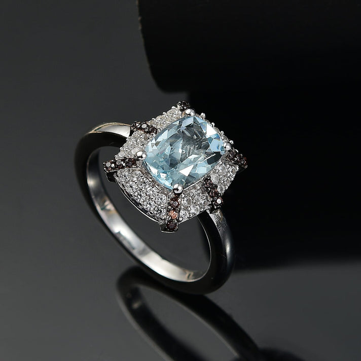 Aquamarine, White Zircon &amp; Coffee Zircon Ring in Rhodium Overlay Sterling Silver 1.69 Ct. 8069067 2