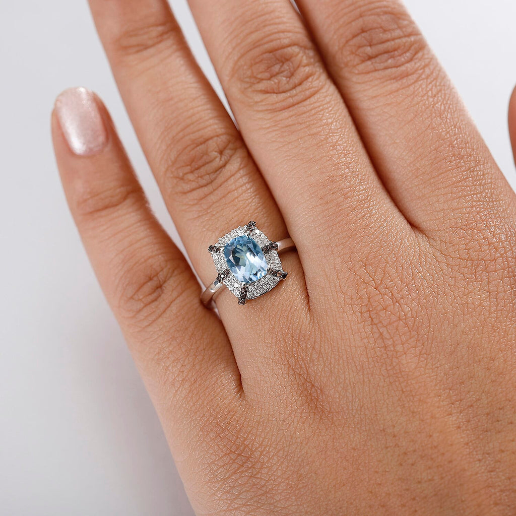 Aquamarine, White Zircon & Coffee Zircon Ring in Rhodium Overlay Sterling Silver 1.69 Ct.