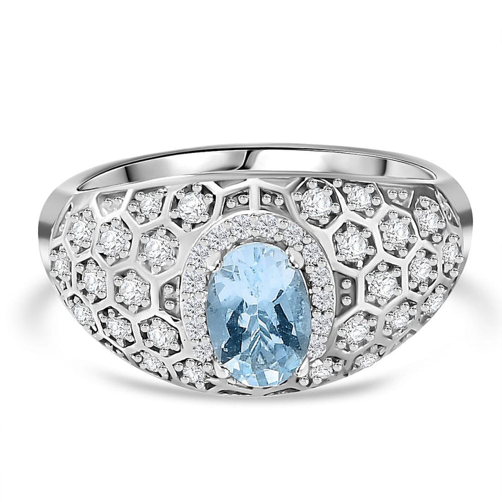 Aquamarine, White Zircon  Dome Ring in Rhodium Overlay Sterling Silver 7814970 1