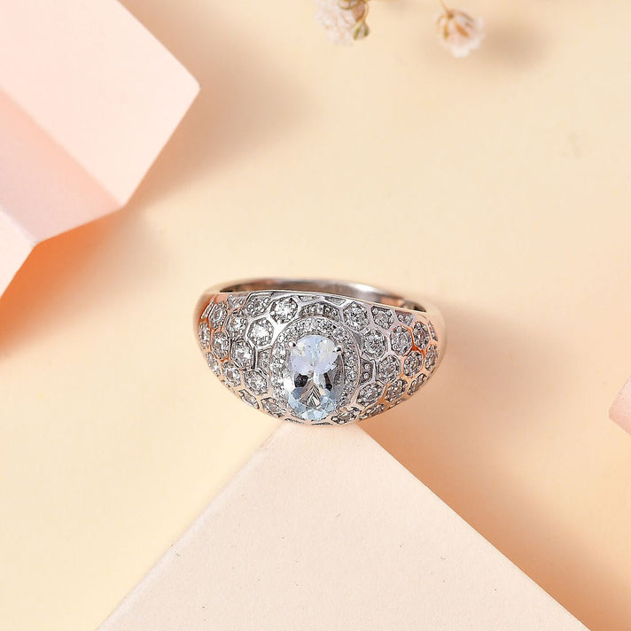 Aquamarine, White Zircon  Dome Ring in Rhodium Overlay Sterling Silver 7814970 2
