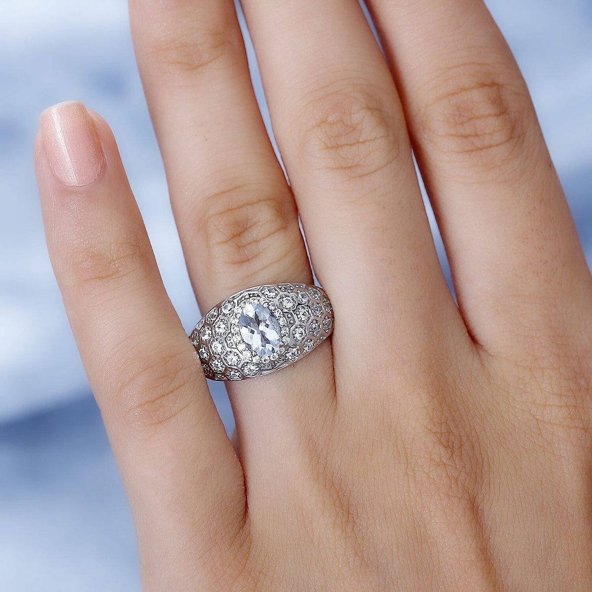 Aquamarine, White Zircon  Dome Ring in Rhodium Overlay Sterling Silver 7814970 2