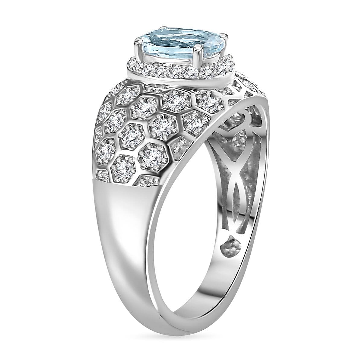 Aquamarine, White Zircon  Dome Ring in Rhodium Overlay Sterling Silver 7814970 3