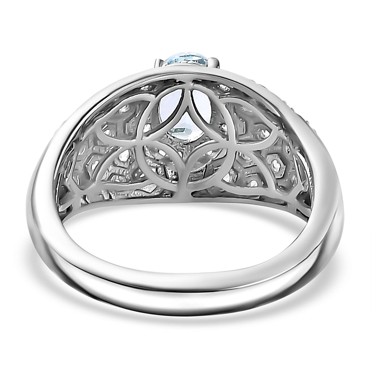 Aquamarine, White Zircon  Dome Ring in Rhodium Overlay Sterling Silver 7814970 4