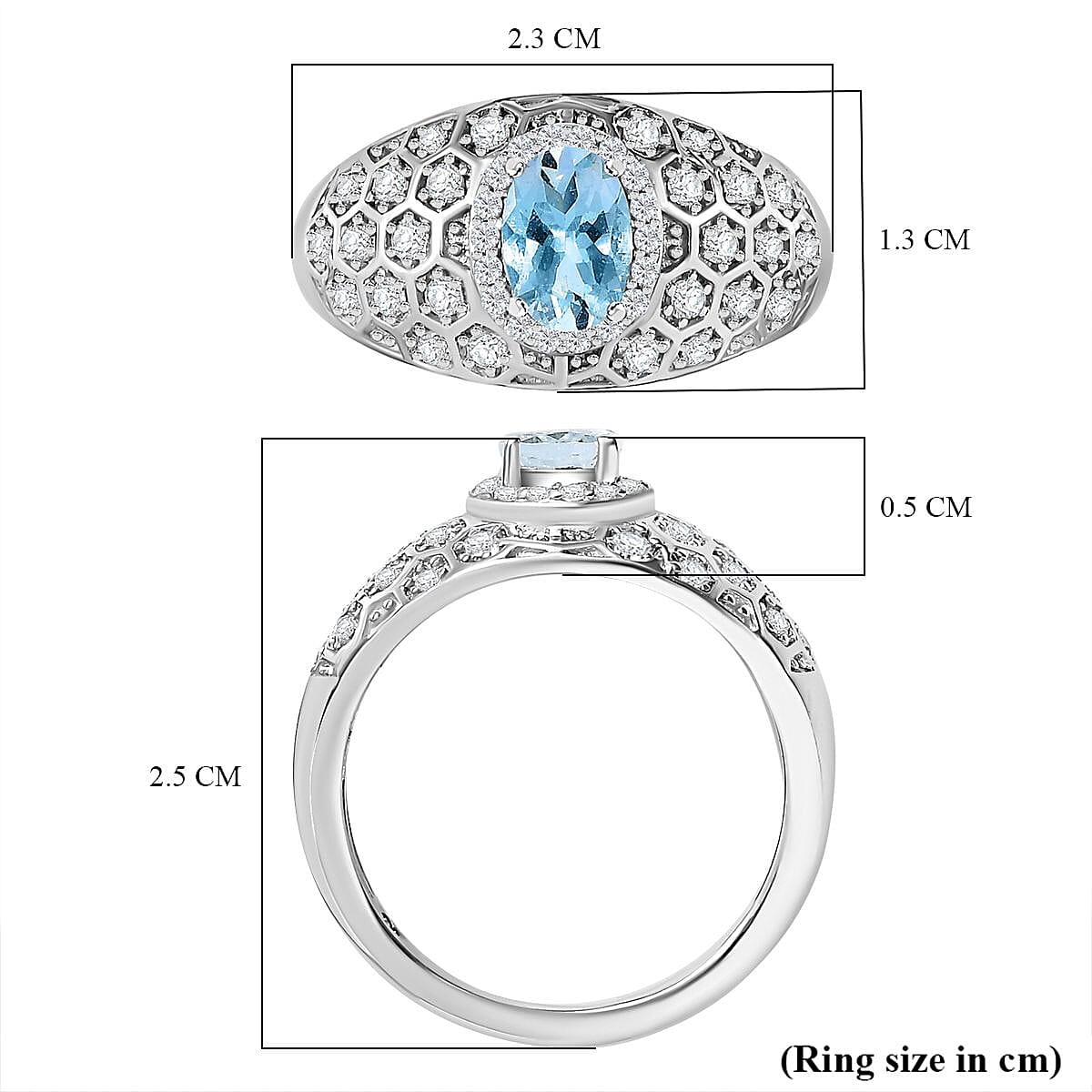 Aquamarine, White Zircon  Dome Ring in Rhodium Overlay Sterling Silver 7814970 5