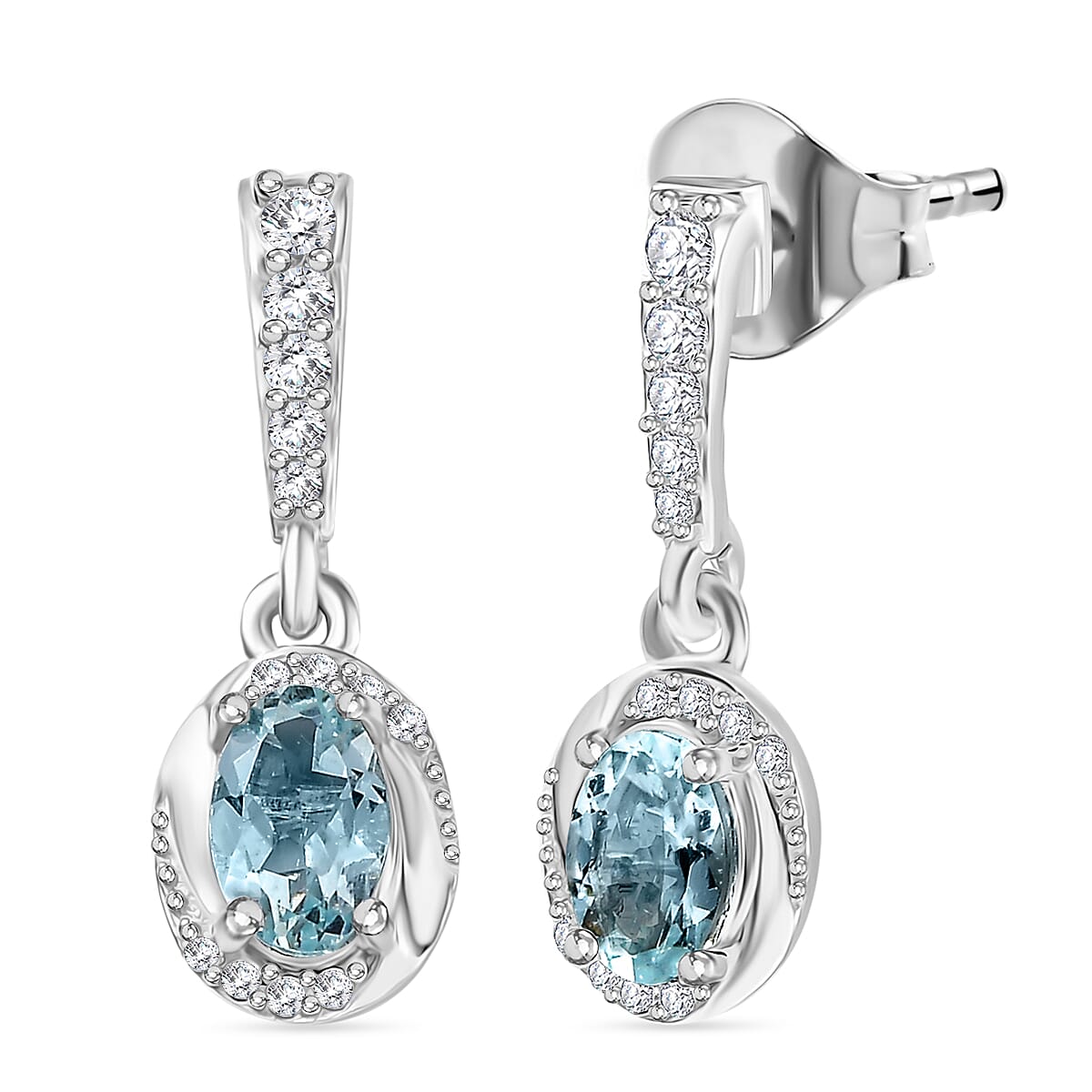 Aquamarine &amp; White Zircon Earring with Push Back in Rhodium Overlay Sterling Silver 1.04 Ct. 8054545 0