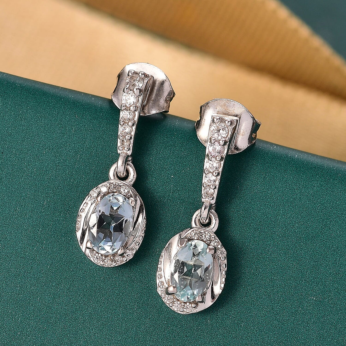 Aquamarine &amp; White Zircon Earring with Push Back in Rhodium Overlay Sterling Silver 1.04 Ct. 8054545 2