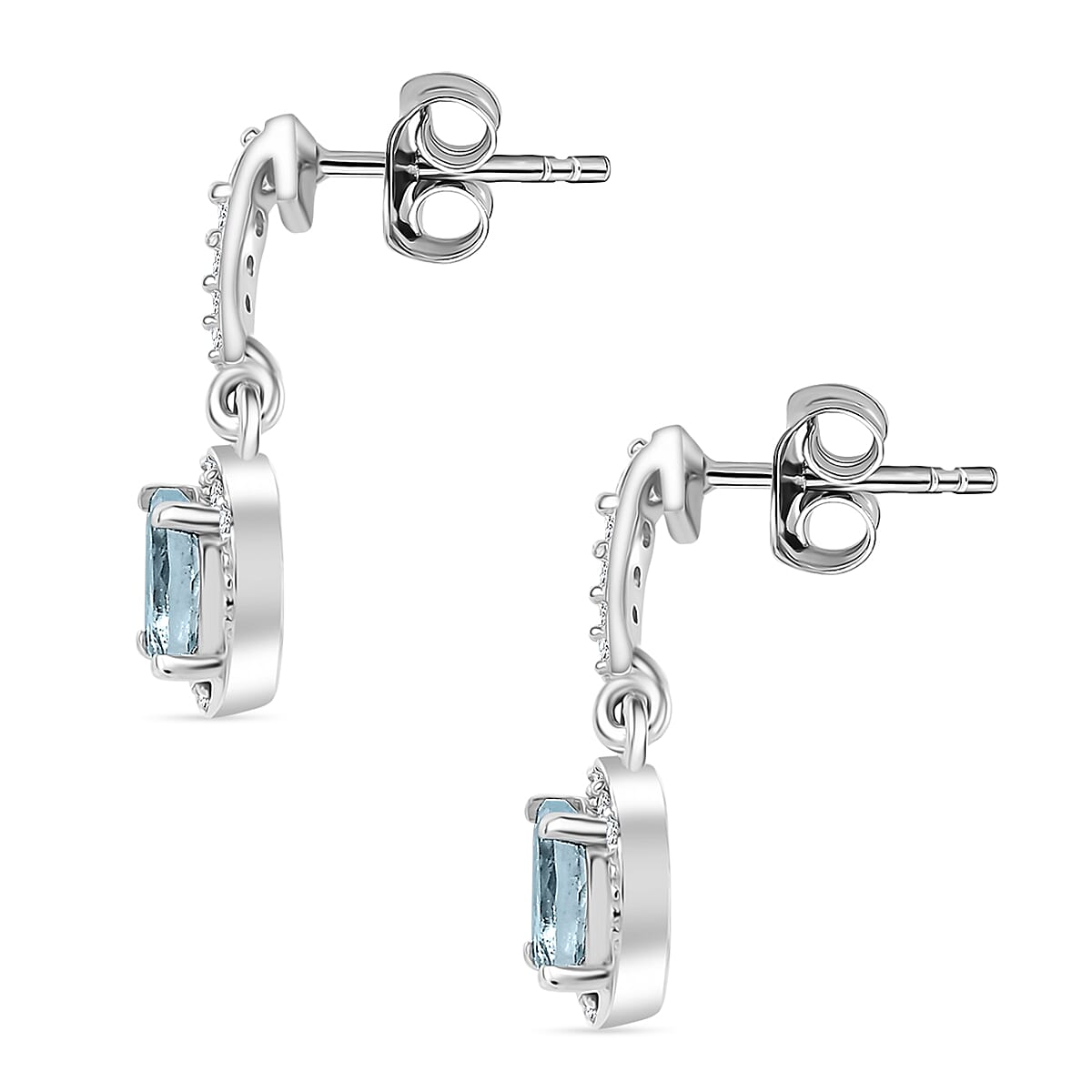 Aquamarine &amp; White Zircon Earring with Push Back in Rhodium Overlay Sterling Silver 1.04 Ct. 8054545 4