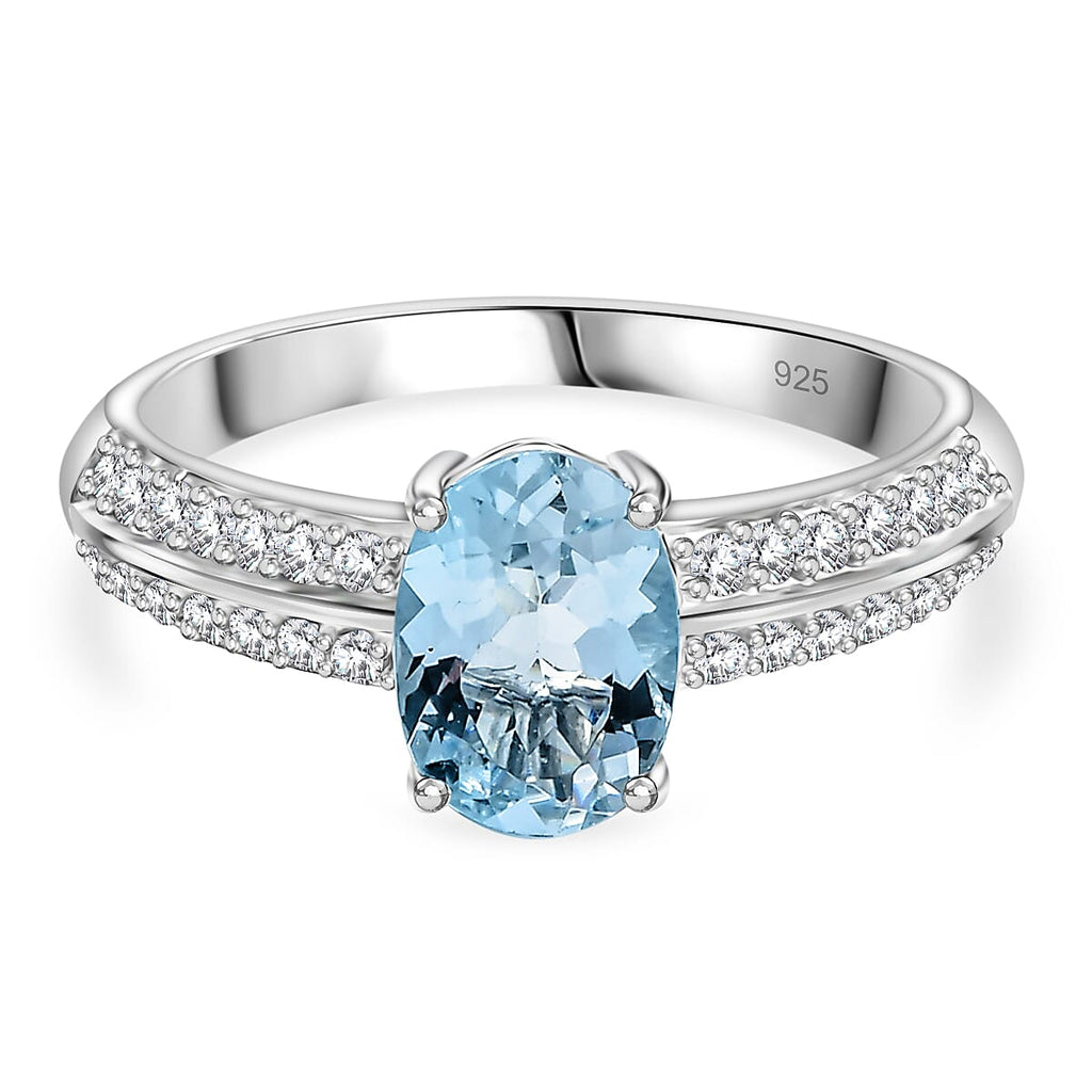 Aquamarine & White Zircon Ring in Rhodium Overlay Sterling Silver 1.34 Ct.