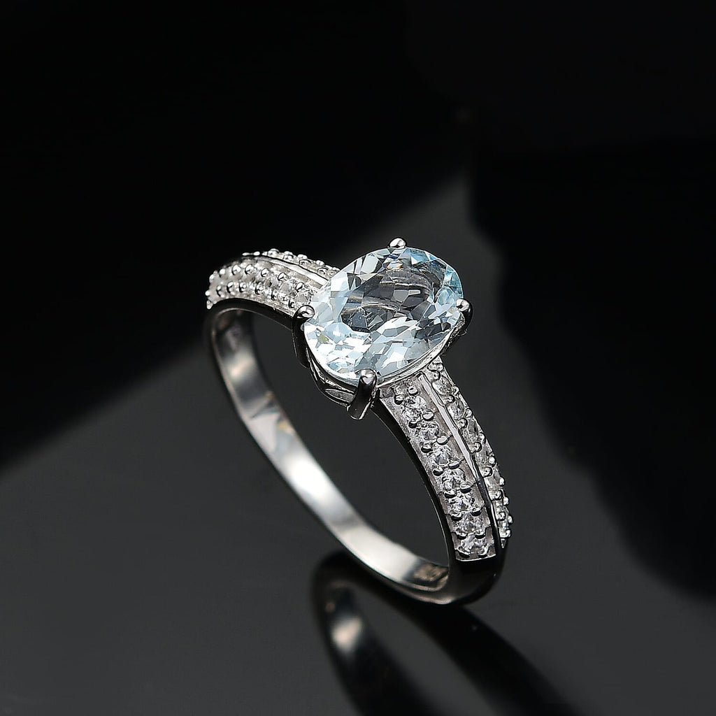 Aquamarine & White Zircon Ring in Rhodium Overlay Sterling Silver 1.34 Ct.