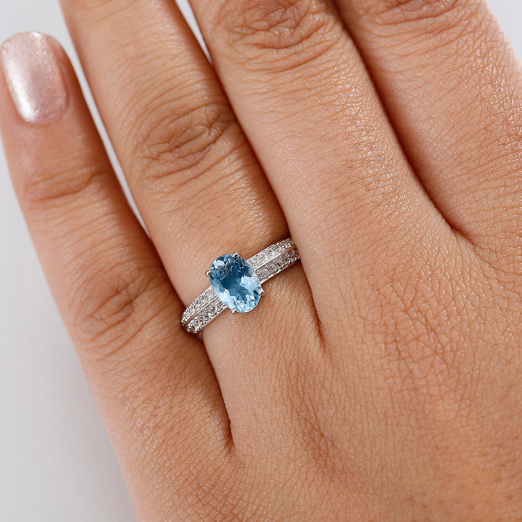 Aquamarine & White Zircon Ring in Rhodium Overlay Sterling Silver 1.34 Ct.