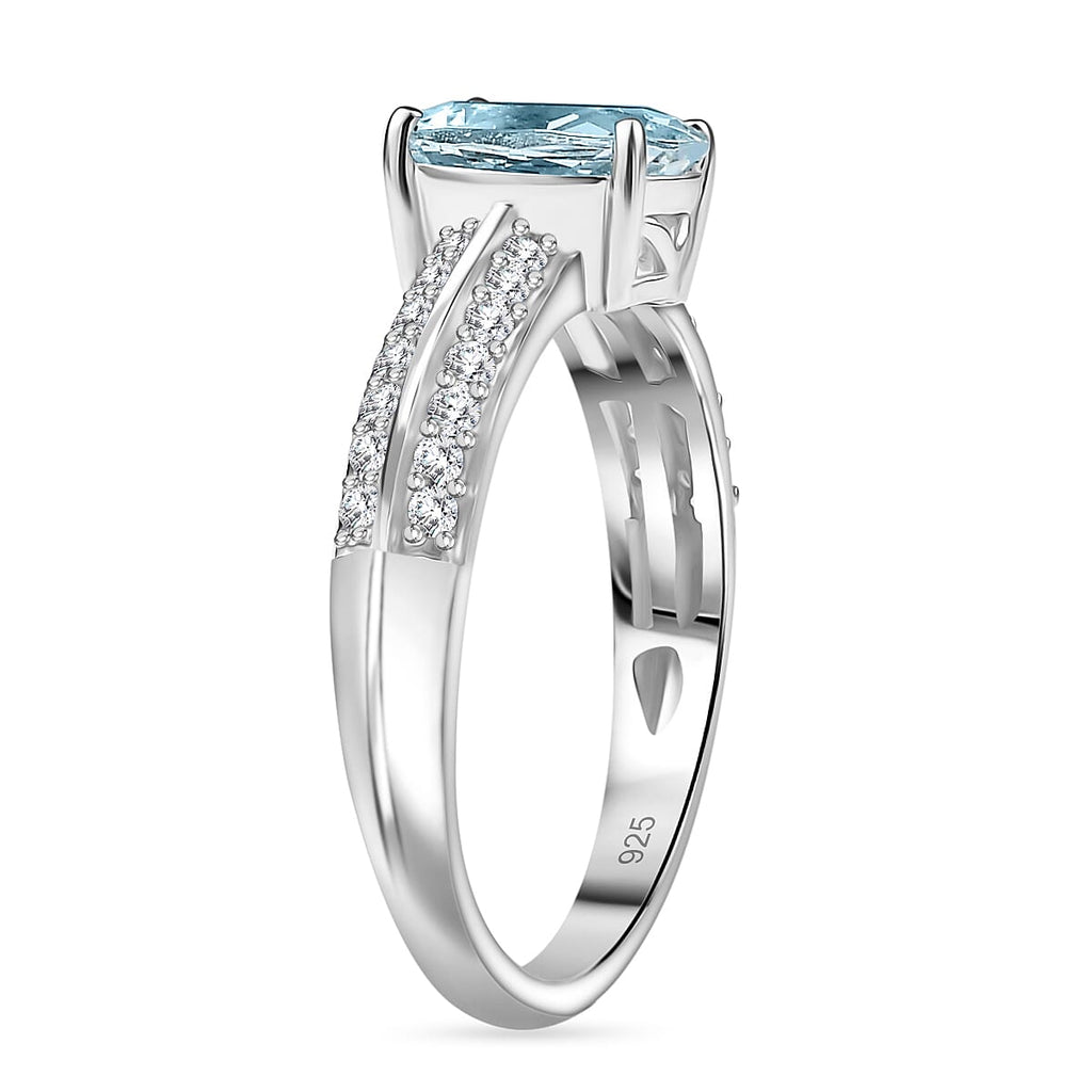 Aquamarine & White Zircon Ring in Rhodium Overlay Sterling Silver 1.34 Ct.