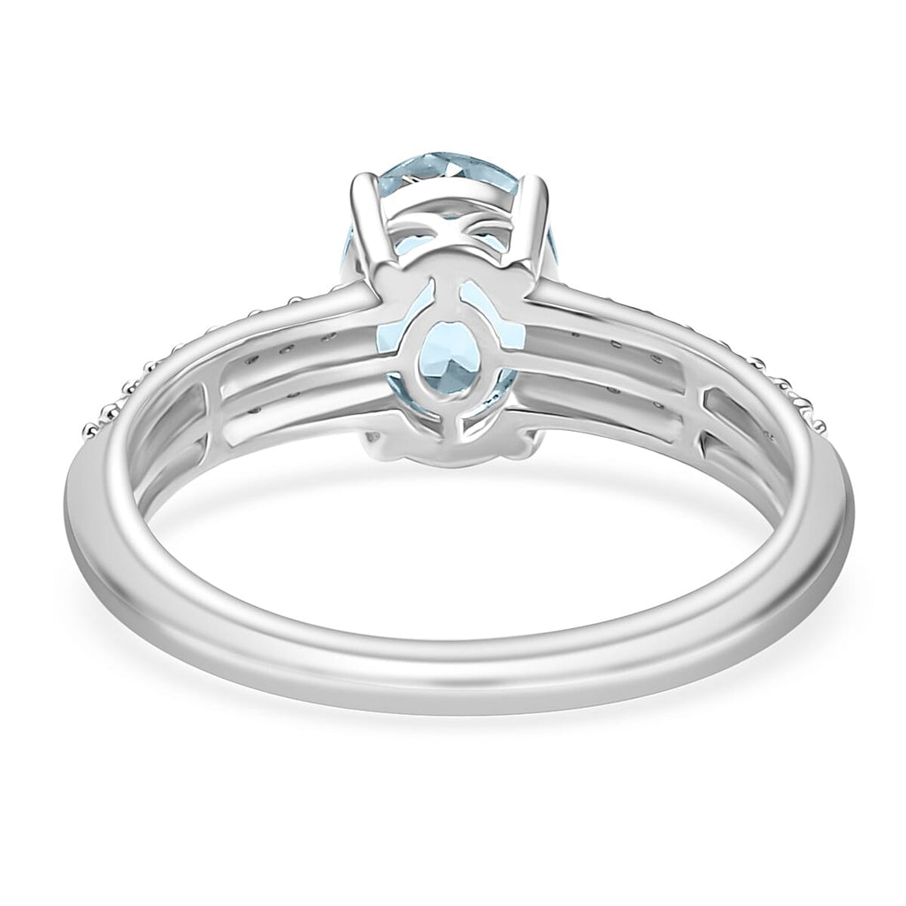 Aquamarine & White Zircon Ring in Rhodium Overlay Sterling Silver 1.34 Ct.