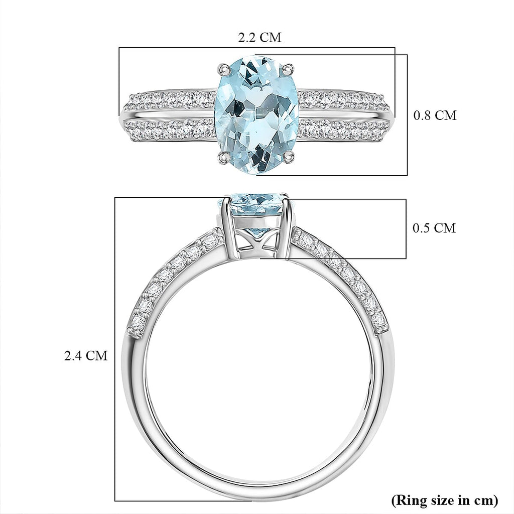 Aquamarine & White Zircon Ring in Rhodium Overlay Sterling Silver 1.34 Ct.