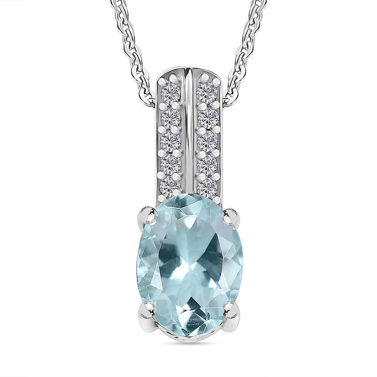 Aquamarine &amp; White Zircon Pendant with Chain (Size 20) in Rhodium Overlay Sterling Silver 1.70 Ct. 4360555 0