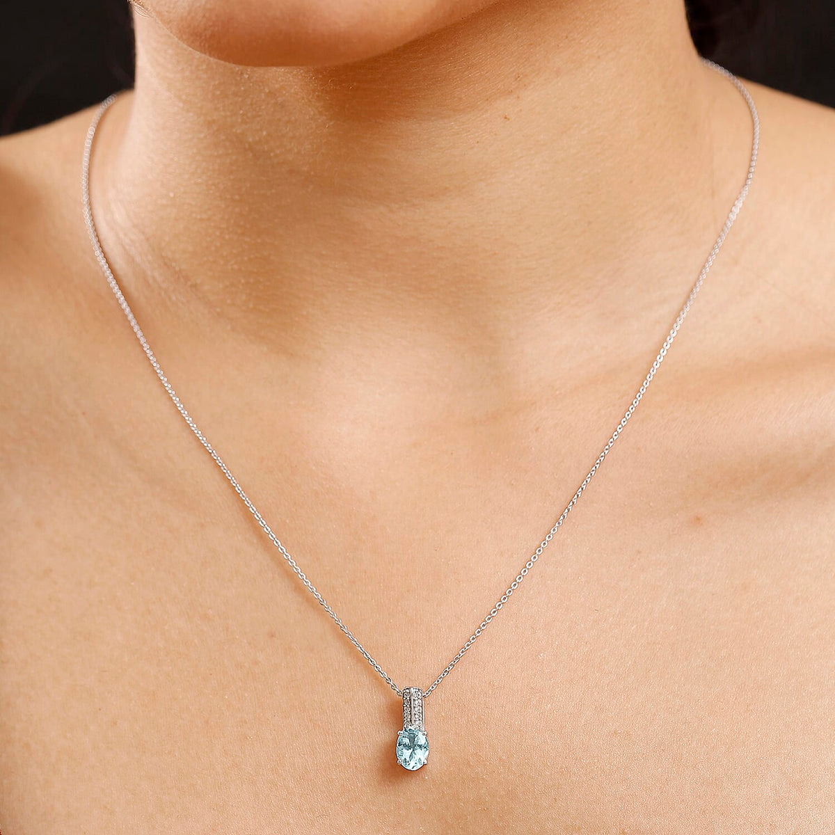 Aquamarine &amp; White Zircon Pendant with Chain (Size 20) in Rhodium Overlay Sterling Silver 1.70 Ct. 4360555 2