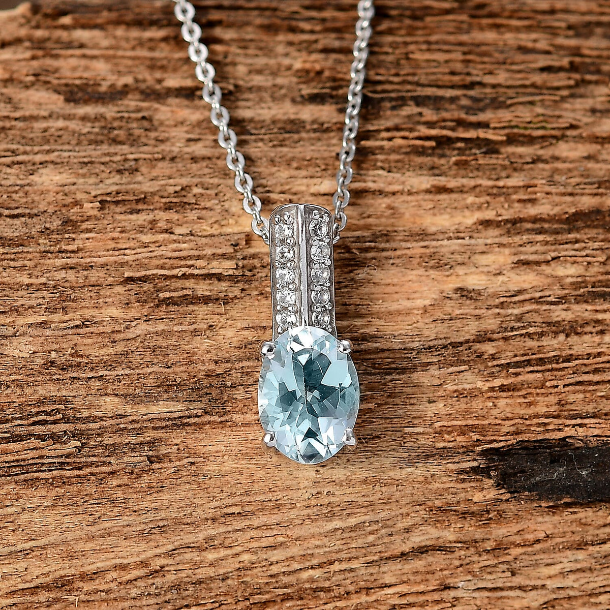 Aquamarine &amp; White Zircon Pendant with Chain (Size 20) in Rhodium Overlay Sterling Silver 1.70 Ct. 4360555 3