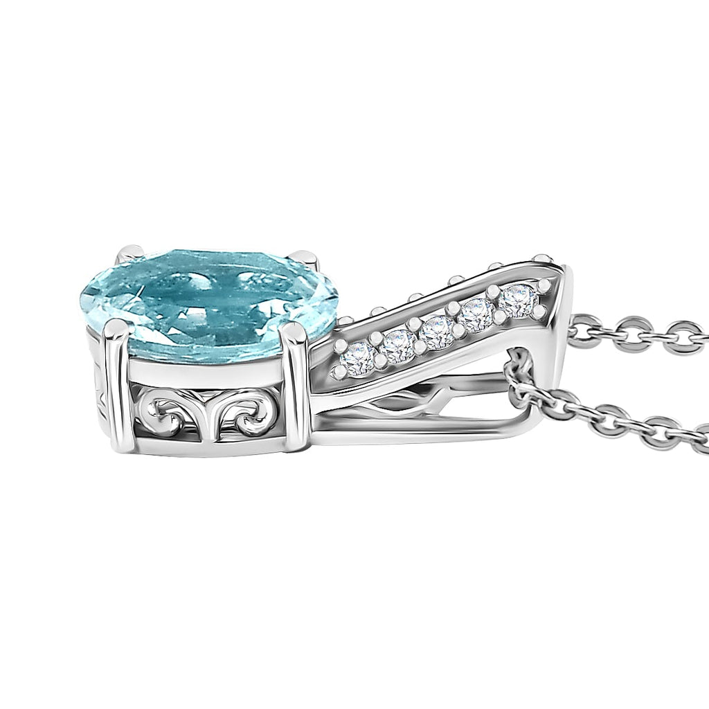 Aquamarine & White Zircon Pendant with Chain (Size 20) in Rhodium Overlay Sterling Silver 1.70 Ct.