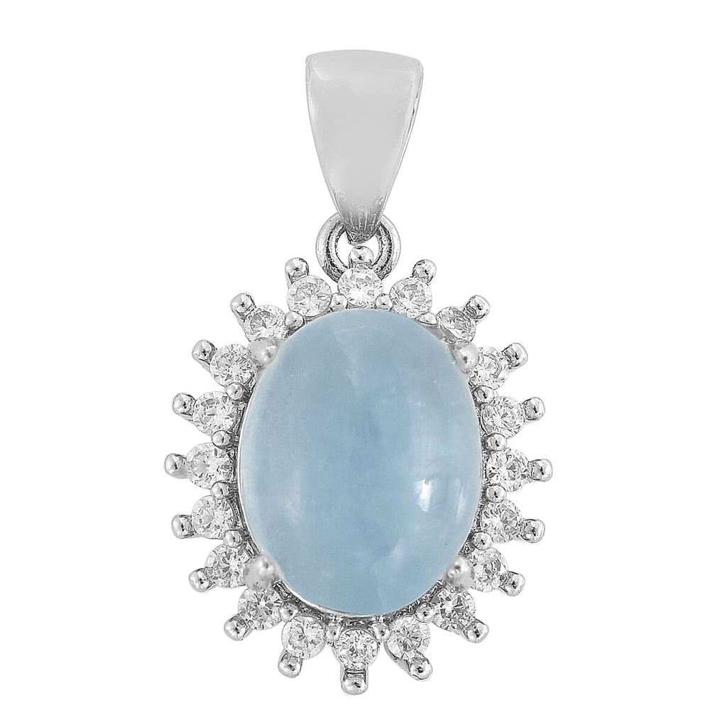 Aquamarine and Simulated Diamond Halo Pendant in Silver Tone