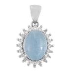 Aquamarine and Simulated Diamond Halo Pendant in Silver Tone
