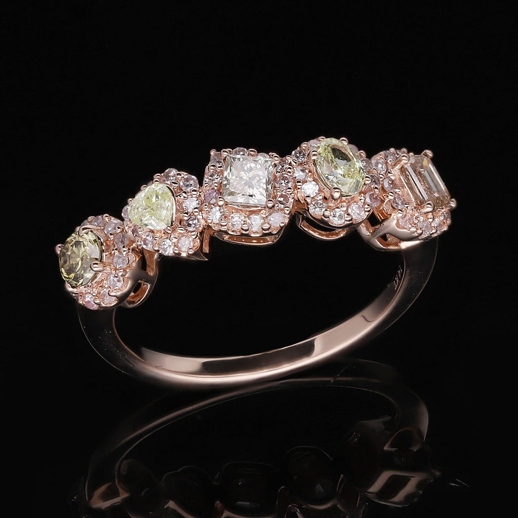 14K Rose Gold SGL Certified Natural Yellow, Pink Green & Champagne Diamond (I1-I2) Ring 1.00 Ct