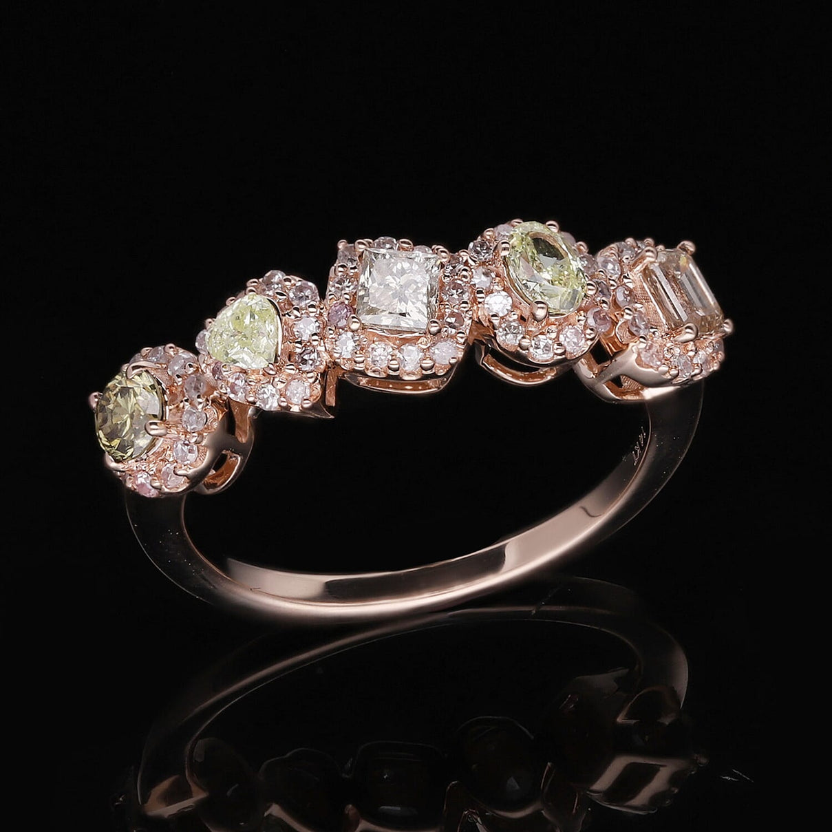 Natural Yellow, Pink Green and Champagne Diamond Halo Ring in 14K Rose Gold, SGL Certified 7556727 1