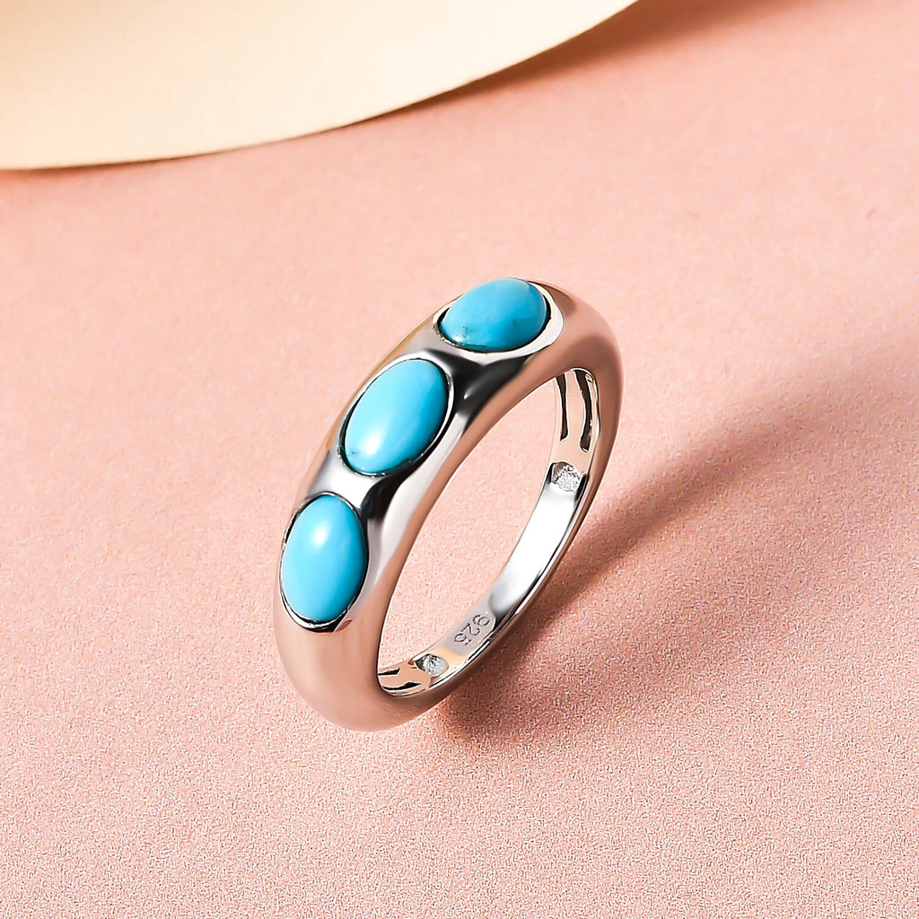Arizona Sleeping Beauty Turquoise 3 Stone Band Ring in Platinum Overlay Sterling Silver 1.32 Ct.