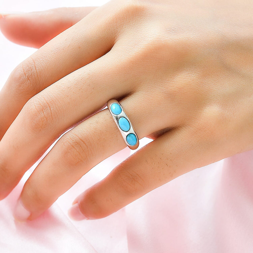 Arizona Sleeping Beauty Turquoise 3 Stone Band Ring in Platinum Overlay Sterling Silver 1.32 Ct.