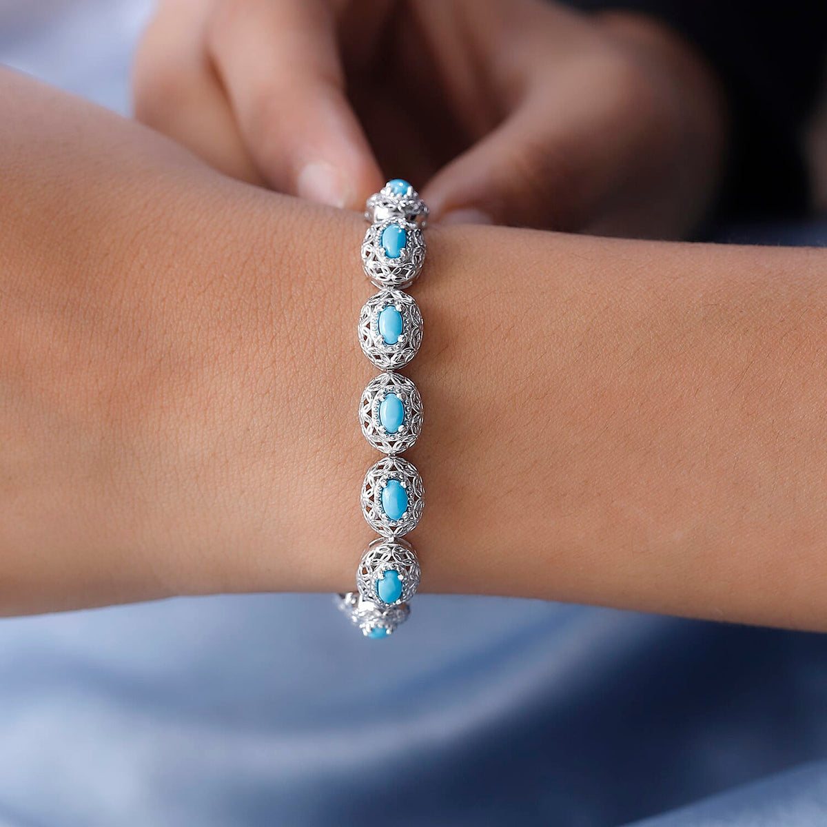 Arizona Sleeping Beauty Turquoise Tennis Bracelet (Size - 7) in Platinum Overlay Sterling Silver 3.71 Ct, Silver Wt. 13.77 Gms 7526844 3