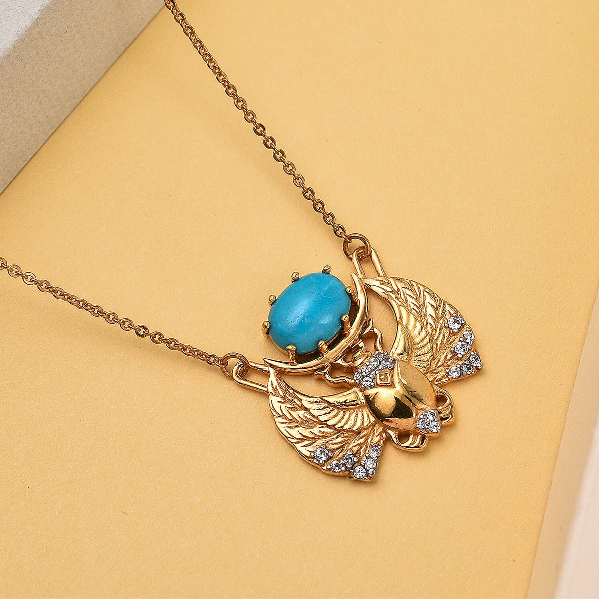 Arizona Sleeping Beauty Turquoise and Natural Zircon Winged Scarab Necklace (Size - 20) in 18K Vermeil Yellow Gold Plated Sterling Silver 7555440 1