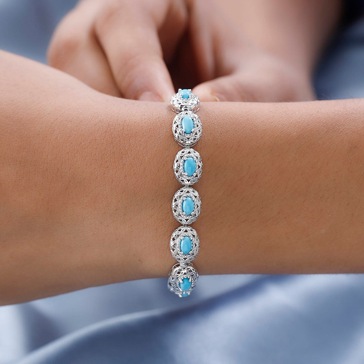 Arizona Sleeping Beauty Turquoise Tennis Bracelet (Size - 7.5) in Platinum Overlay Sterling Silver 3.95 Ct, Silver Wt. 14.01 Gms 7526849 5