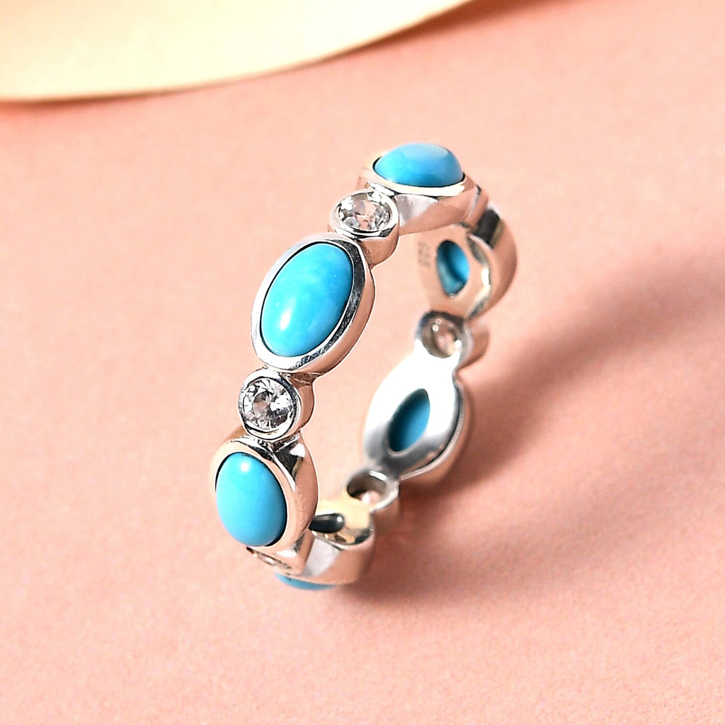 Arizona Sleeping Beauty Turquoise and Natural Zircon Band Ring in Platinum Overlay Sterling Silver 3.30 Ct.