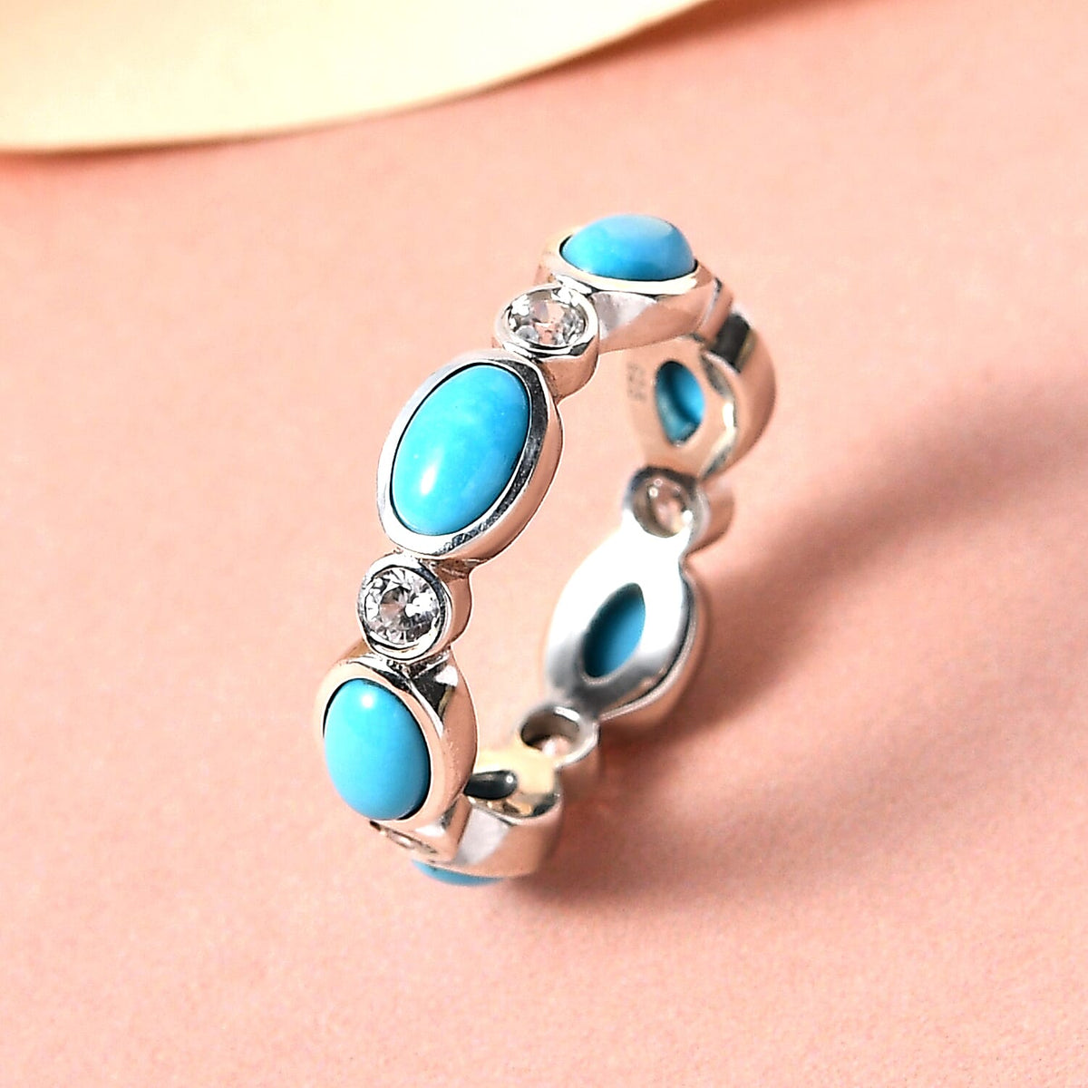 Arizona Sleeping Beauty Turquoise and Natural Zircon Wedding Band Ring in Platinum Overlay Sterling Silver 3.30 Ct. 7198897 2