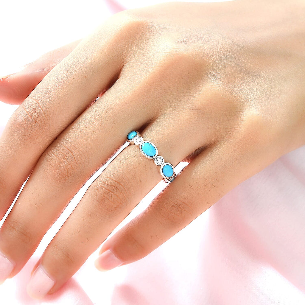 Arizona Sleeping Beauty Turquoise and Natural Zircon Band Ring in Platinum Overlay Sterling Silver 3.30 Ct.