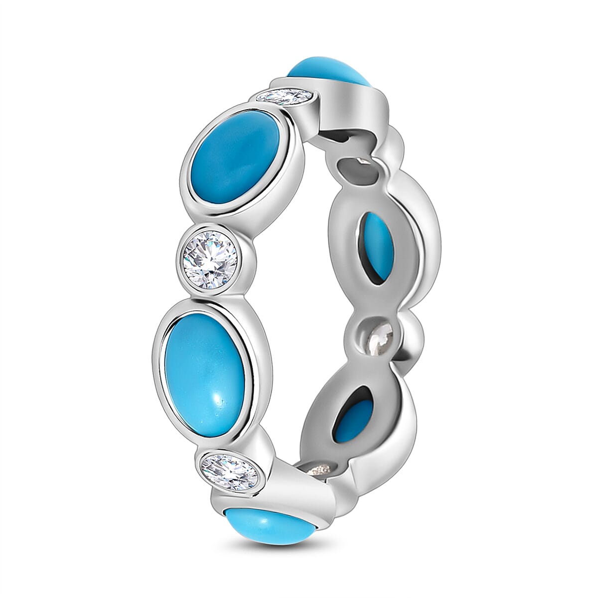 Arizona Sleeping Beauty Turquoise and Natural Zircon Wedding Band Ring in Platinum Overlay Sterling Silver 3.30 Ct. 7198897 4