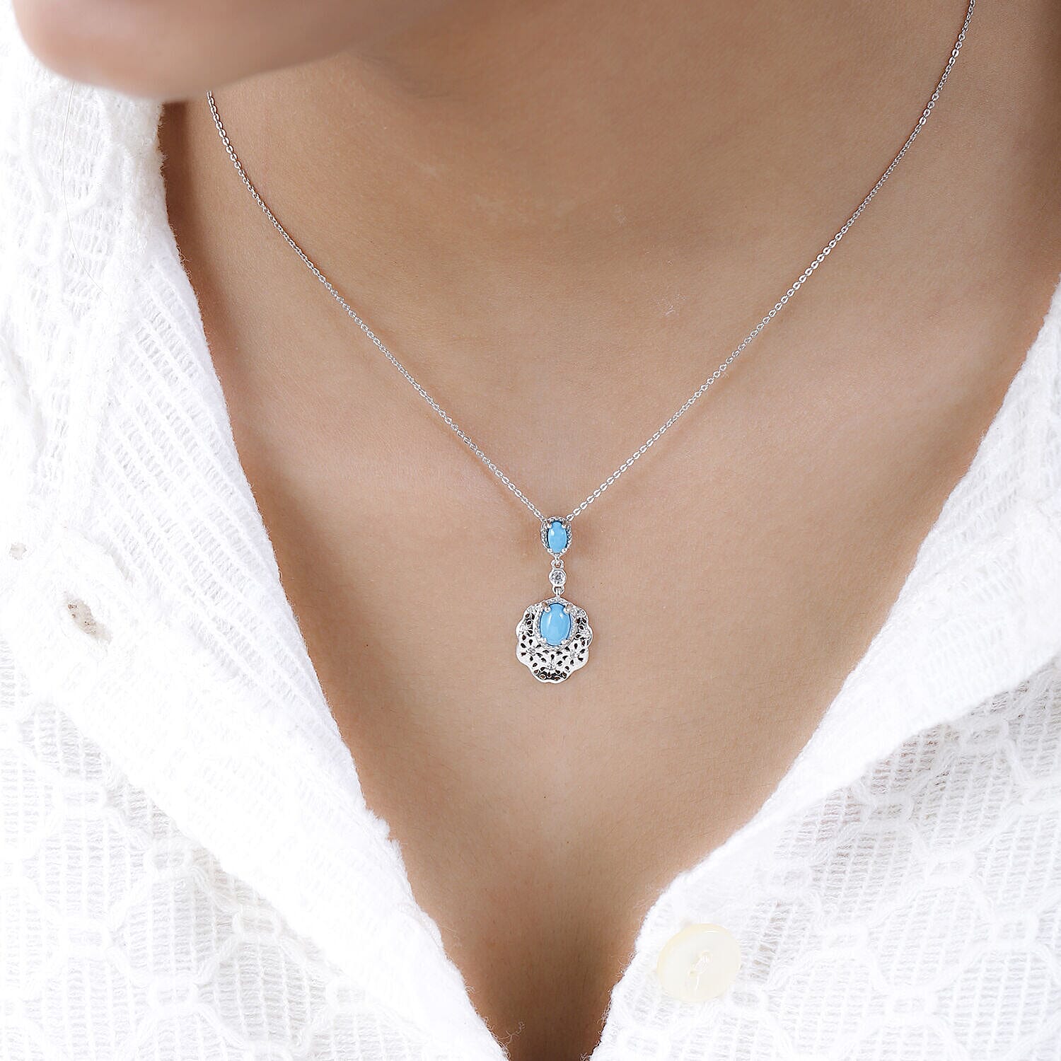 Arizona Sleeping Beauty Turquoise and Natural Cambodian Zircon Cross Pendant with Chain (Size - 20 ) in Platinum Overlay Sterling Silver 1.080 Ct, Silver Wt 3.60  Gms 4135847 2
