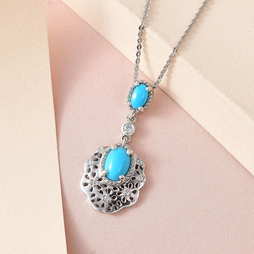 Arizona Sleeping Beauty Turquoise and Natural Zircon Pendant with Chain (Size - 20) in Platinum Overlay Sterling Silver 1.080 Ct