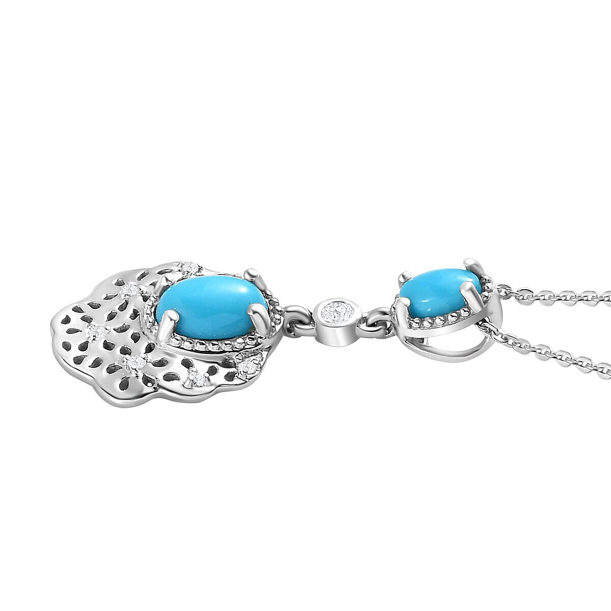 Arizona Sleeping Beauty Turquoise and Natural Cambodian Zircon Cross Pendant with Chain (Size - 20 ) in Platinum Overlay Sterling Silver 1.080 Ct, Silver Wt 3.60  Gms 4135847 4