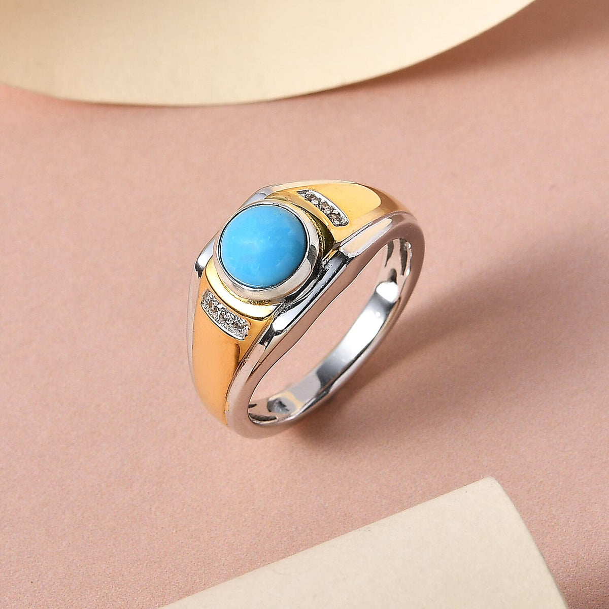 Arizona Sleeping Beauty Turquoise and Natural Cambodian Zircon Ring With Platinum and 18K Vermeil Yellow Gold Overlay in Sterling 1.16 Ct. 7205404 2