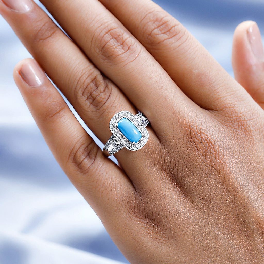 Arizona Sleeping Beauty Turquoise and Natural Zircon Halo Ring in Platinum Overlay Sterling Silver 2.18 Ct