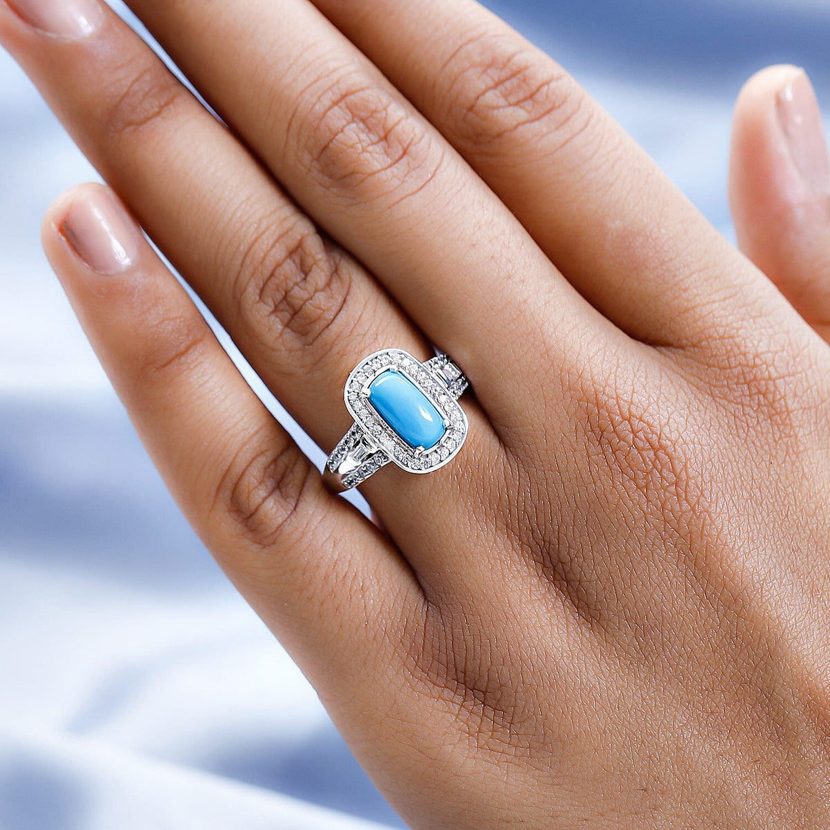 Arizona Sleeping Beauty Turquoise and Natural Zircon Halo Ring in Platinum Overlay Sterling Silver 2.18 Ct 7380277 4