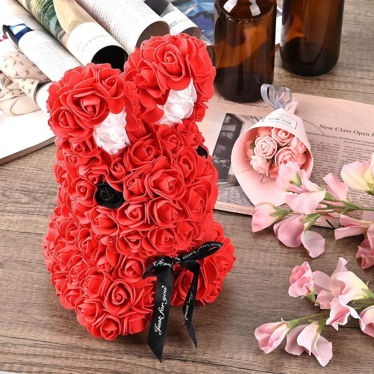 Handcrafted Rose Flower Bunnie with Bow - Red V32699618 2