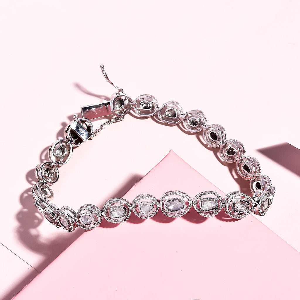 Artisan Crafted Polki Diamond Bracelet (Size - 8) in Platinum Overlay Sterling Silver 1.50 Ct, Silver Wt. 13.73 Gms