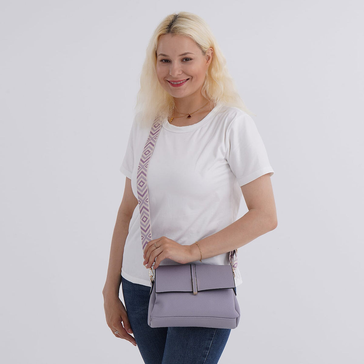 Artisan Crossbody Sling Bag with Geometric Pattern Shoulder Strap - Lavender 8044920 2
