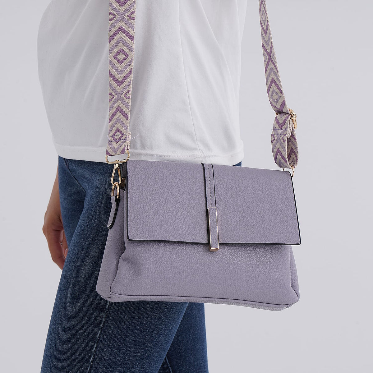 Artisan Crossbody Sling Bag with Geometric Pattern Shoulder Strap - Lavender 8044920 3