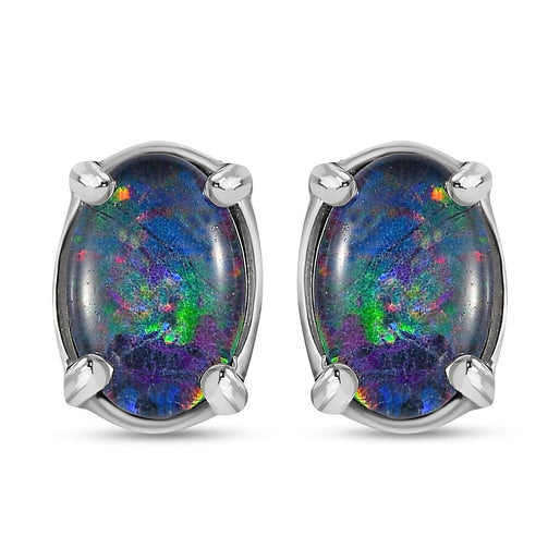 Australian Boulder Opal Triplet Stud Earrings with Push Back in Platinum Overlay Sterling Silver