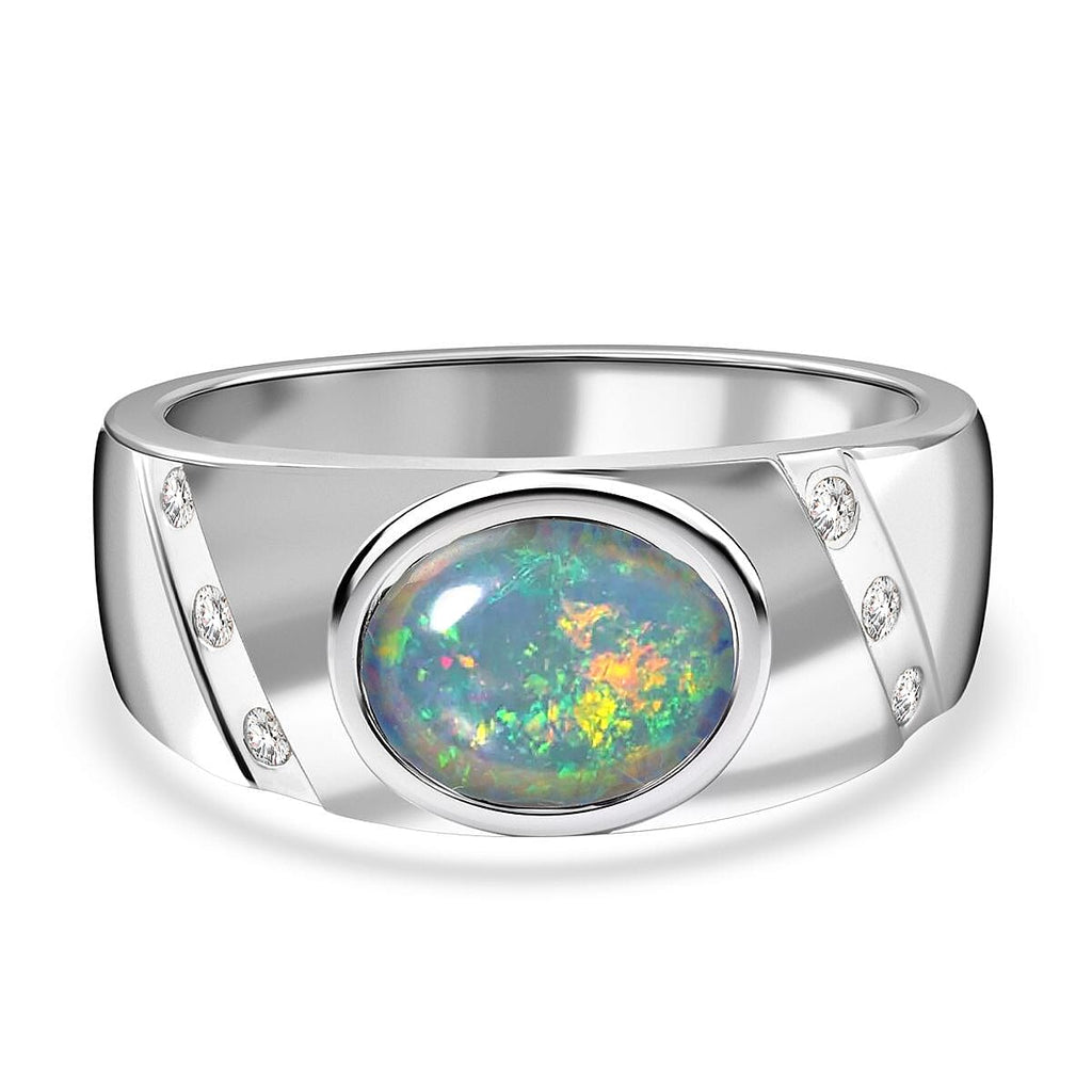 Australian Boulder Opal and Natural Cambodian Zircon Ring in Rhodium Overlay Sterling Silver 1.78 Ct, Silver Wt. 5.81 Gms.